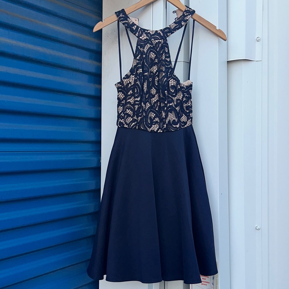 B Darlin Juniors’ Strappy Lace Halter Fit and Flare Dress